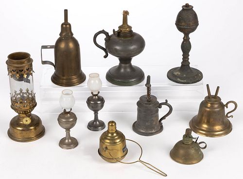 ASSORTED BRASS AND PEWTER LAMPS, LOT OF TEN