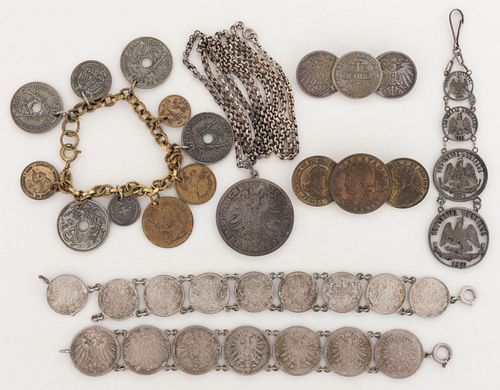 ASSORTED WORLD COINS MADE INTO JEWELRY, LOT OF SEVEN