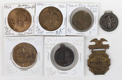 ASSORTED EXPOSITION / WORLD'S FAIR TOKENS AND ARTICLES, LOT OF SEVEN