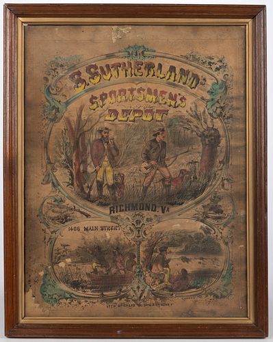 S. SUTHERLAND'S SPORTMEN'S DEPOT, RICHMOND, VIRGINIA ADVERTISING LITHOGRAPH PRINT