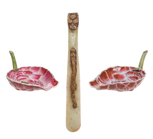 Asian Famille Rose Porcelain Water Droppers and Nephrite Belt Hook