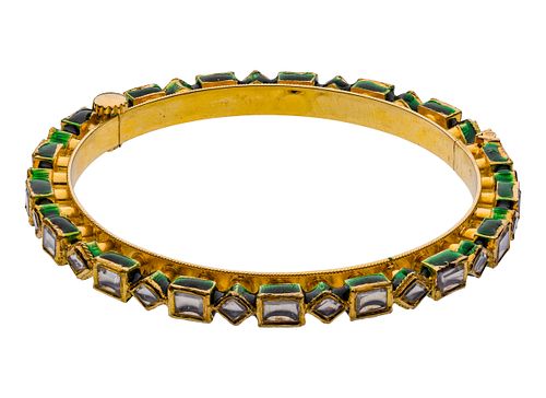 18k Yellow Gold, Green Enamel and White Sapphire Hinged Bangle Bracelet