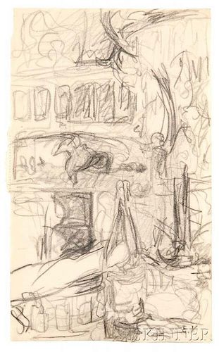 Édouard Vuillard (French, 1868-1940)      Sketchbook Page of Interior with Foreground Wine Bottle
