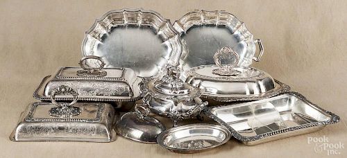 Six silver plated covered serving dishes, largest - 13 1/4'' l.