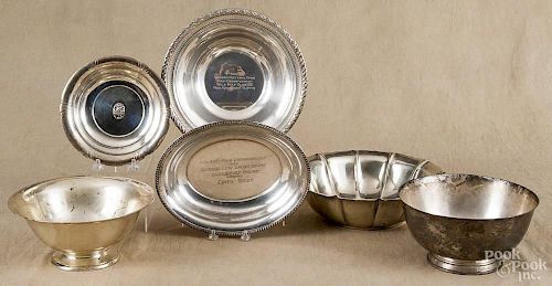 Six sterling silver golf trophy bowls, largest - 3'' h., 10 1/2'' dia., 74.5 ozt.