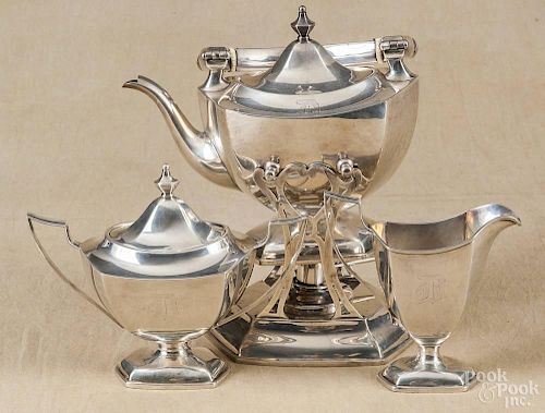 Mount Vernon silversmiths sterling silver three-piece tea service, to include a kettle on a stand