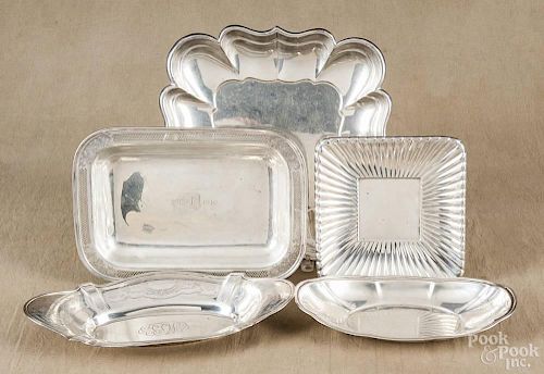 Five sterling silver trays, largest - 14'' l., 13 3/4'' w., 87.2 ozt.