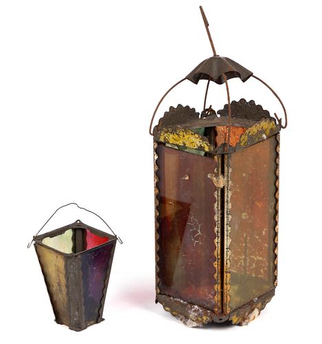 ASSORTED VICTORIAN SHEET-IRON / TIN AND STAINED PANE CANDLE LANTERNS, LOT OF TWO