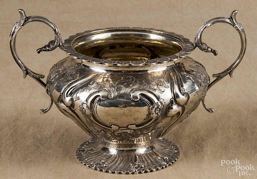 English repoussé silver sugar bowl, 1856-1857, bearing the touch of Hyam Hyams, 5 3/8'' h.