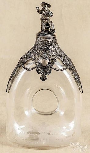 German etched glass and silver mounted decanter, late 19th c., 11'' h.