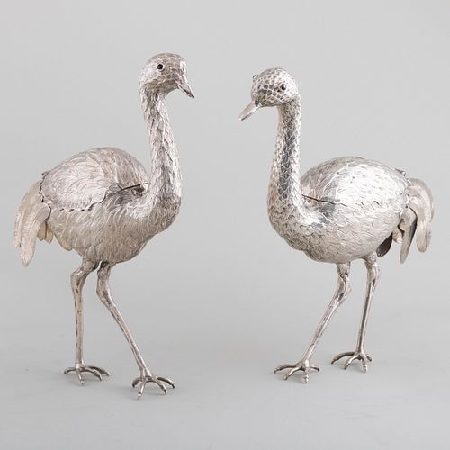Matched Pair of Continental Silver Ostriches