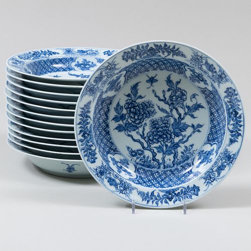 Set of Thirteen Chinese Blue and White Porcelain Soup Plates and a Similar Pair
