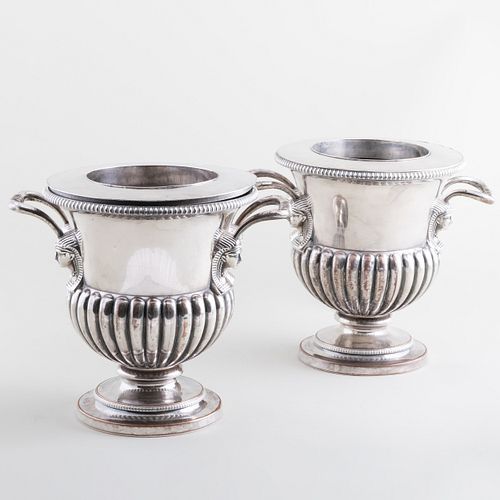 Pair of Egyptian Revival Style Silver Plate Wine Coolers with Collars