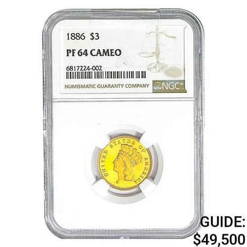 1886 $3 Gold Piece NGC PF64 CAMEO