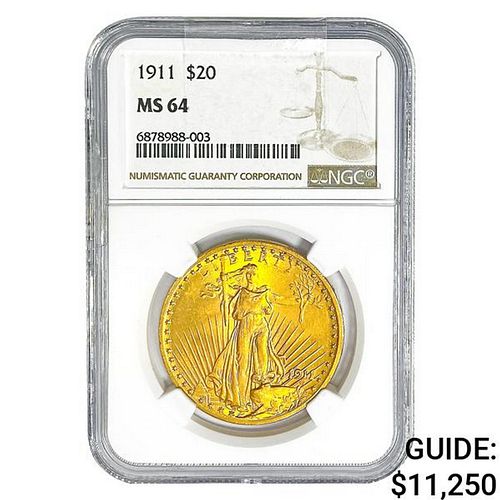 1911 $20 Gold Double Eagle NGC MS64