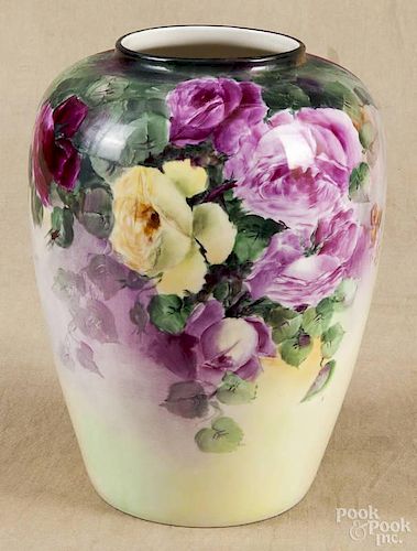 Belleek painted porcelain vase, signed on underside M. R. Robinson Apr.III 1905, 11'' h.