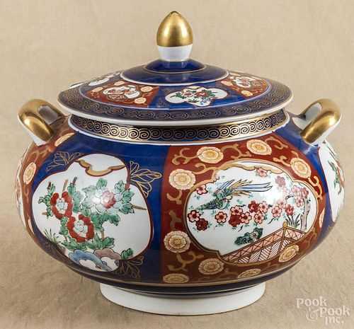 Ironstone covered vegetable, together with an Imari style covered jar, a blue willow platter