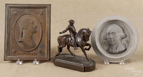 Bronze of George Washington bookend, 7 1/4'' h., together with an iron Washington plaque