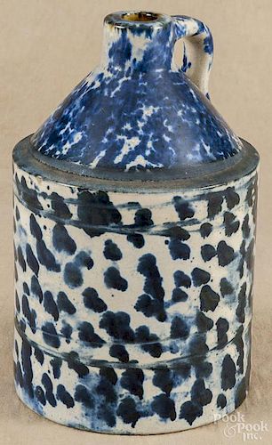 Stoneware jug, late 19th c., with unusual blue sponge decoration, 11'' h.