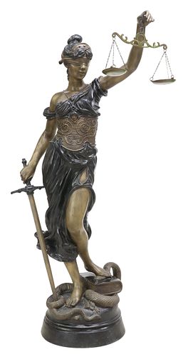 AFTER ALOIS MAYER LIFE-SIZED PATINATED BRONZE SCULPTURE 'BLIND JUSTICE'