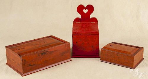 Three contemporary painted pine boxes, one is a wall box, 13 1/2'' h., the other two are candleboxes