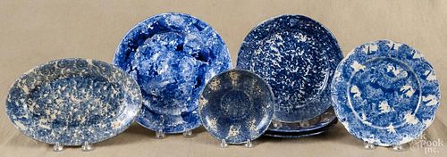 Five spongeware plates, 19th c., together with a small platter and a saucer, largest - 10'' dia.
