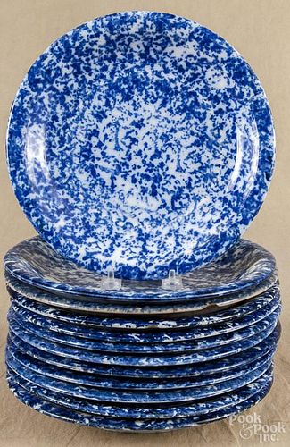 Group of twelve blue and white spongeware plates, 19th/20th c., 10'' dia.