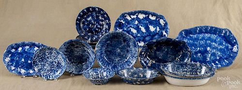 Fifteen pieces of blue and white spongeware, 19th c., largest - 13 1/2'' w.