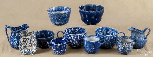 Eleven pieces of blue and white spongeware, 19th c., tallest - 5 1/2''.