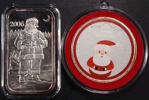(2) 1 OZ .999 SILVER HOLIDAY ROUND AND BAR