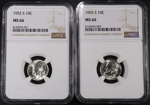 1952-S & 1955-S ROOSEVELT DIMES NGC MS66
