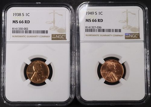 1938-S & 1949-S LINCOLN CENTS NGC MS66 RD