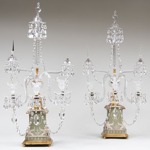 Pair of George III Revival Gilt-Brass Mounted Cut Glass and Wedgwood Three-Light Candelabra