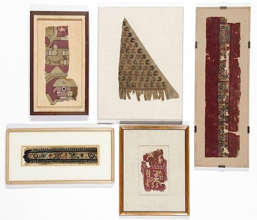 4 Framed Pre-Colombian & 1 Coptic Textiles