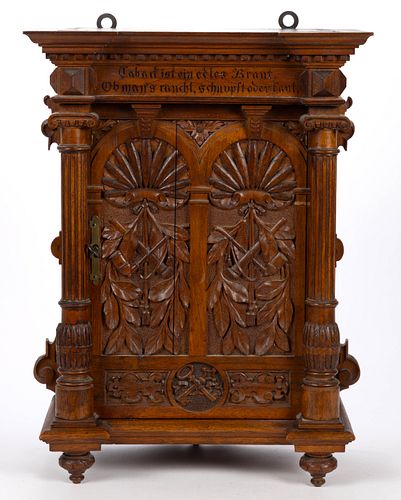 CONTINENTAL CARVED OAK HANGING SMOKING CABINET