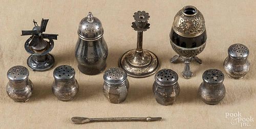 Miscellaneous silver, to include shakers, a miniature candlestick, etc.