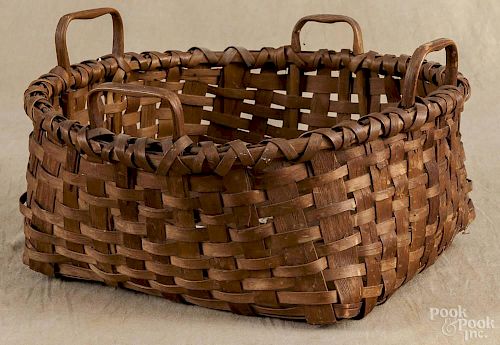 Split oak basket, late 19th c., with four bentwood handles, 6'' h., 13'' w.
