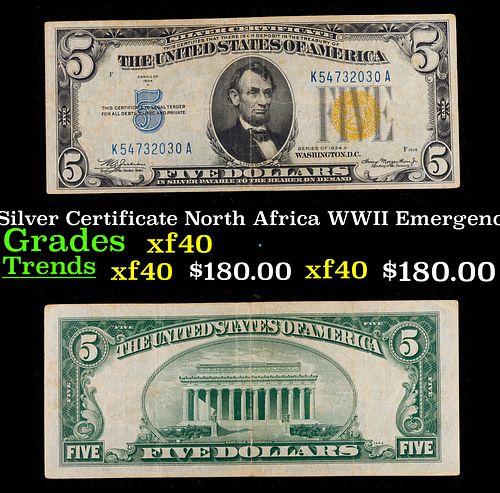 1934A $5 Silver Certificate North Africa WWII Emergency Currency Grades xf