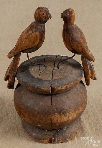 Carved pine love birds group, 19th c., with wire legs and a turned base, 7'' h.