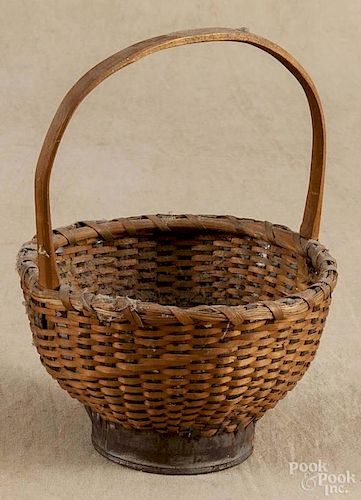 Unusual split oak and woven tin berry basket, early 20th c., 7 1/2'' h.
