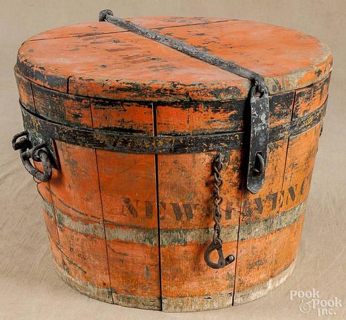 Painted lidded bucket, 19th c., inscribed R. W. Law New Haven Ct., with iron strapping, 12'' h.