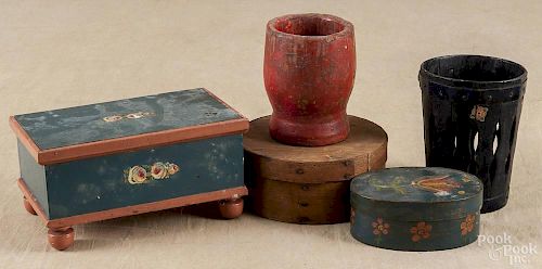 Country wares, to include two painted boxes, a mortar, a bentwood box, and a staved basket.