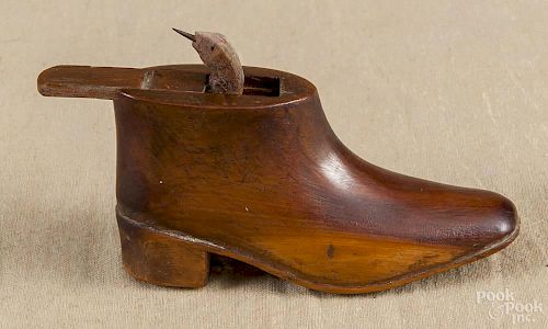 Carved cherry shoe-form trick snake box, 19th c., 3 1/2'' l.