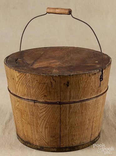 Ochre grain painted bucket, late 19th c., 9 1/2'' h., 12 1/2'' w.