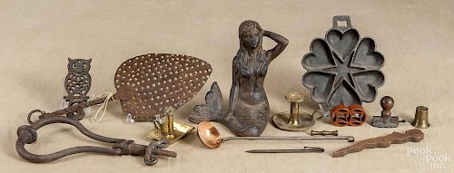 Decorative metalware, to include a mermaid doorstop, a door knocker, a tasting ladle, etc.