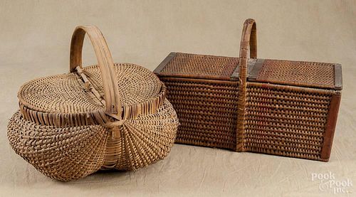 Split oak buttocks basket with a lid, 12'' h., 15'' w., together with a picnic basket, 12'' h.