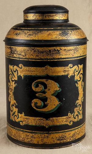 Painted tin tea canister, 19th c., 16 1/2'' h.