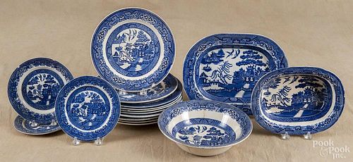 Sixteen pieces of blue willow china, 19th/20th c.
