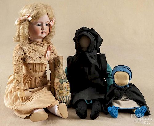 Amish cloth doll, ca. 1950, together with a contemporary Amish cloth doll, a printed fabric rabbit