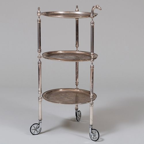 Italian Engraved Silver Metal Three-Tier Trolley with Removable Trays
